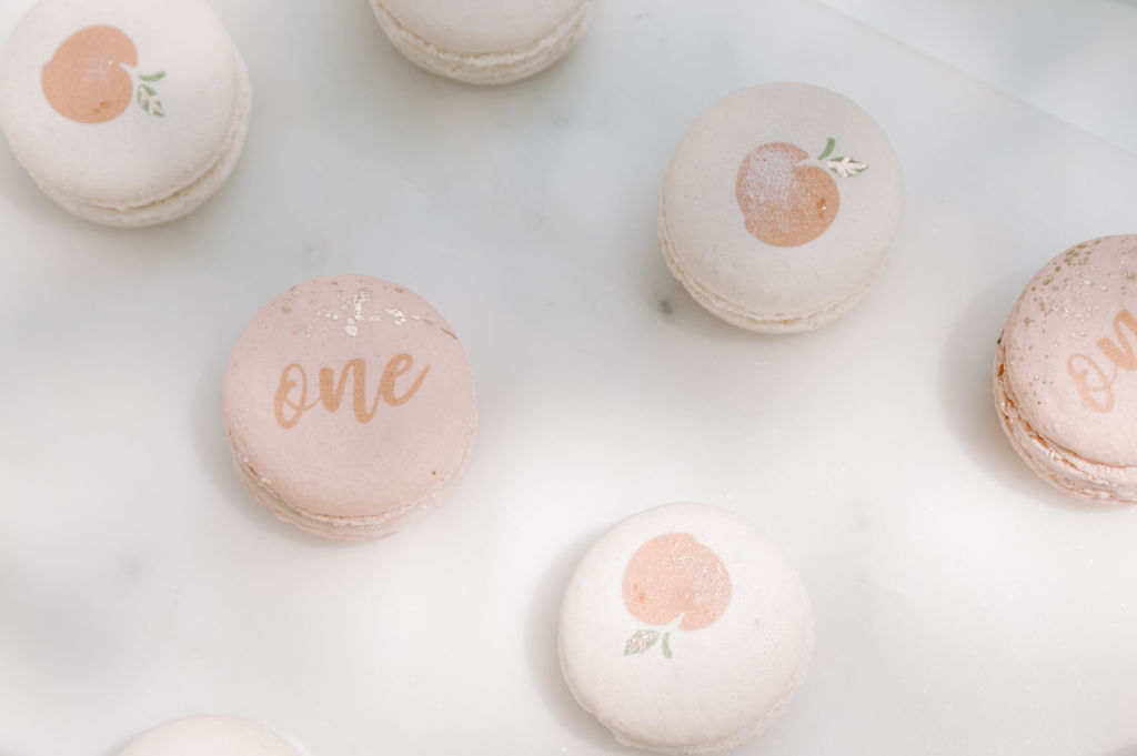 we the birds macarons one sweet peach theme first birthday macaron design