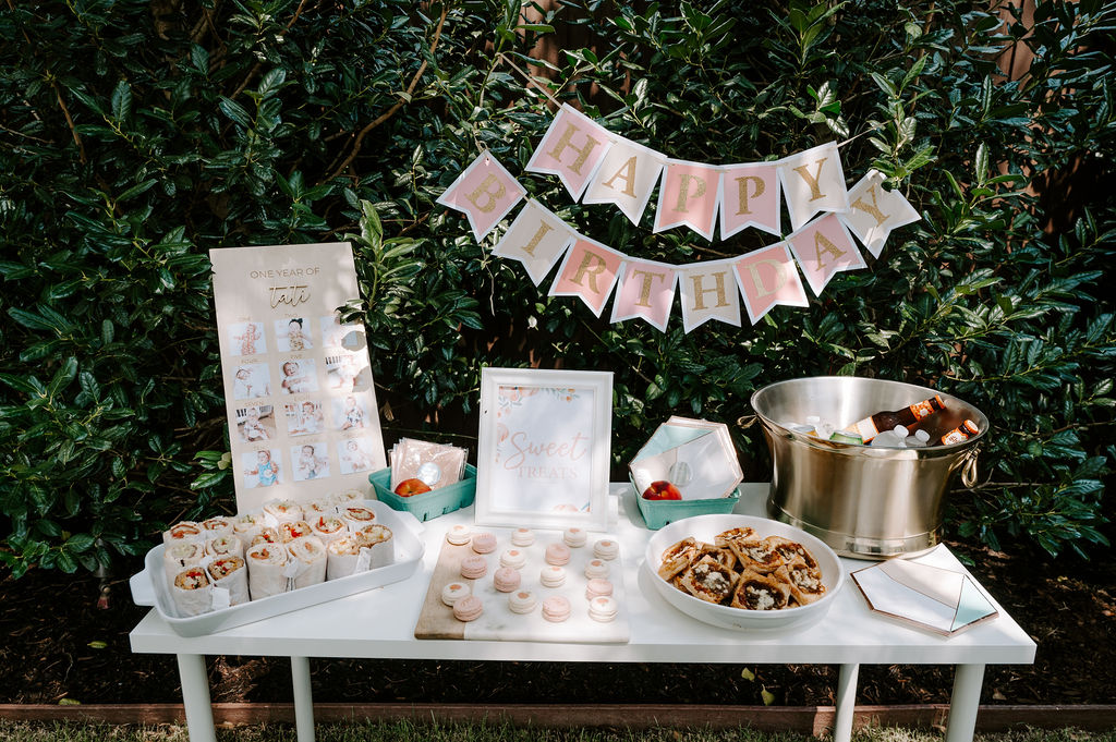 food table one sweet peach first birthday display